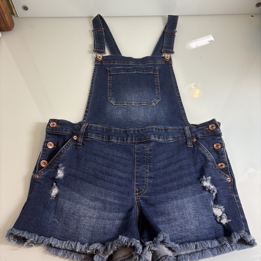 Celebrity pink denim Jean bib Overalls Shorts women's size Large shortalls